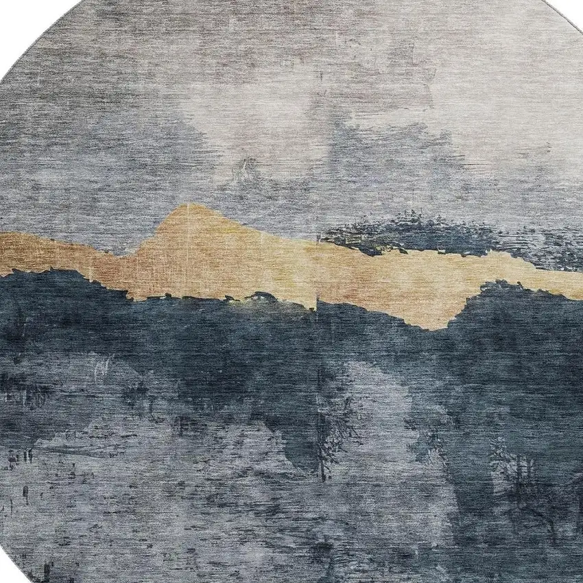 8' Blue Gray And Gold Abstract Washable Round Rug With UV Protection Photo 2