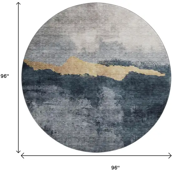 8' Blue Gray And Gold Abstract Washable Round Rug With UV Protection Photo 9