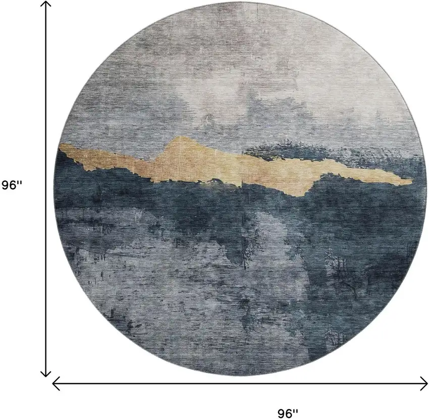 8' Blue Gray And Gold Abstract Washable Round Rug With UV Protection Photo 9