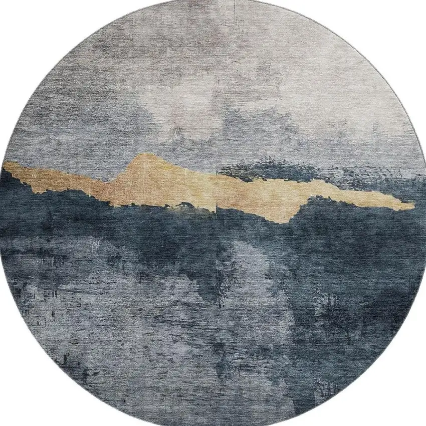 8' Blue Gray And Gold Abstract Washable Round Rug With UV Protection Photo 3