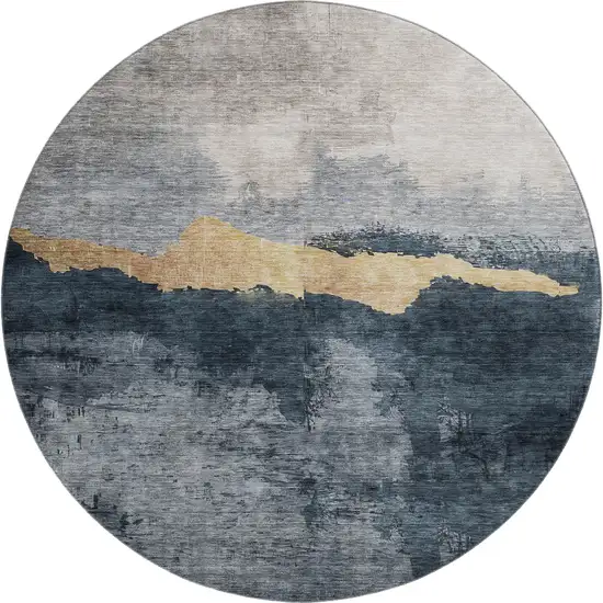 8' Blue Gray And Gold Abstract Washable Round Rug With UV Protection Photo 1