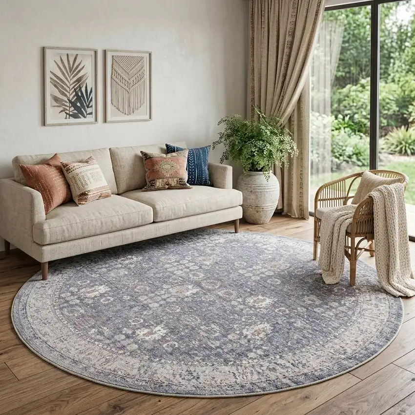 8' Blue Gray And Gold Floral Area Rug With Fringe Photo 1
