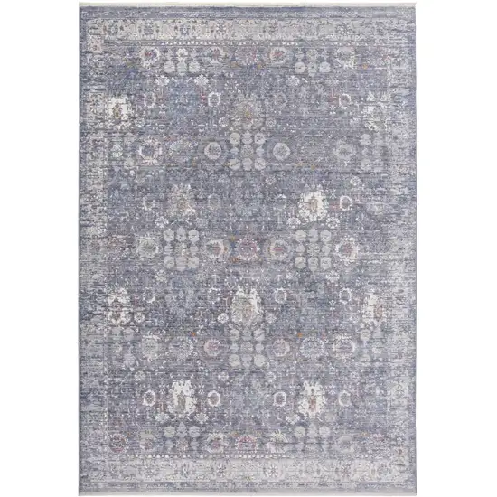8' Blue Gray And Gold Floral Area Rug With Fringe Photo 2
