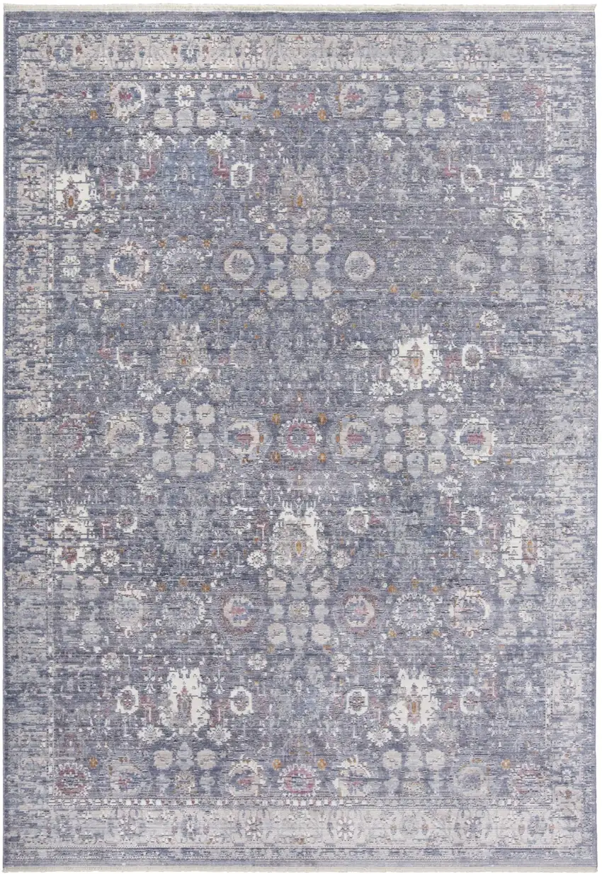 8' Blue Gray And Gold Floral Area Rug With Fringe Photo 2