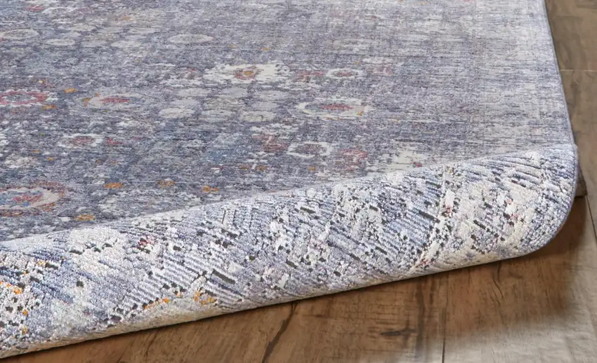 8' Blue Gray And Gold Floral Area Rug With Fringe Photo 5