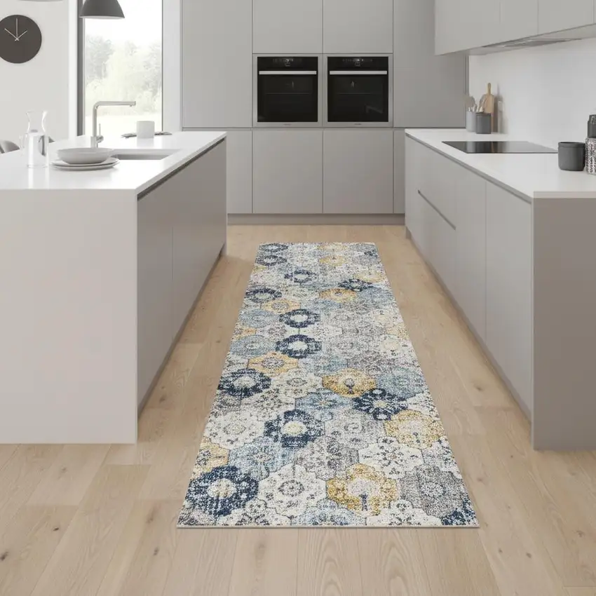 9' Blue Gray And Gold Floral Medallion Runner Rug Photo 1