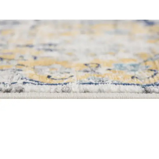 9' Blue Gray And Gold Floral Medallion Runner Rug Photo 4