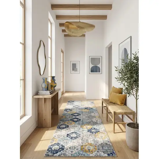 9' Blue Gray And Gold Floral Medallion Runner Rug Photo 3