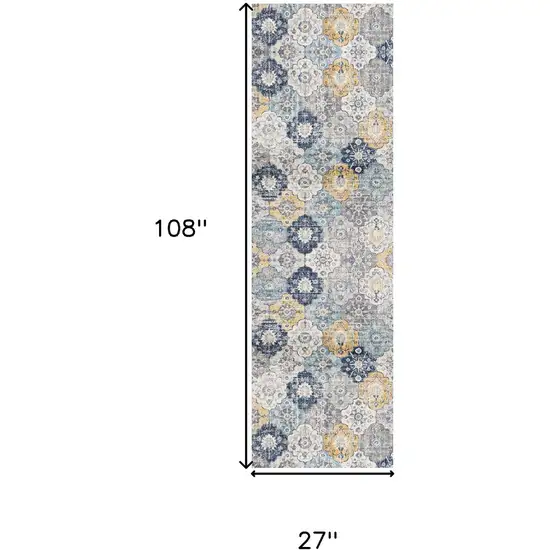 9' Blue Gray And Gold Floral Medallion Runner Rug Photo 6