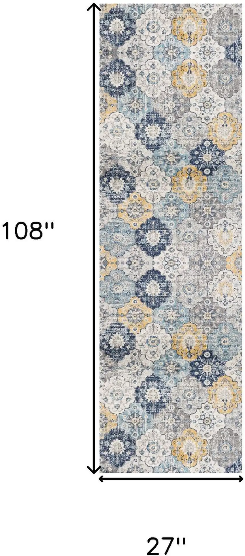 9' Blue Gray And Gold Floral Medallion Runner Rug Photo 6