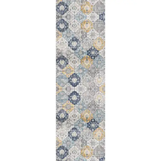 7' Blue Gray And Gold Floral Medallion Runner Rug Photo 3