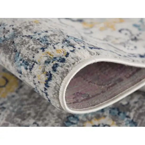 7' Blue Gray And Gold Floral Medallion Runner Rug Photo 6