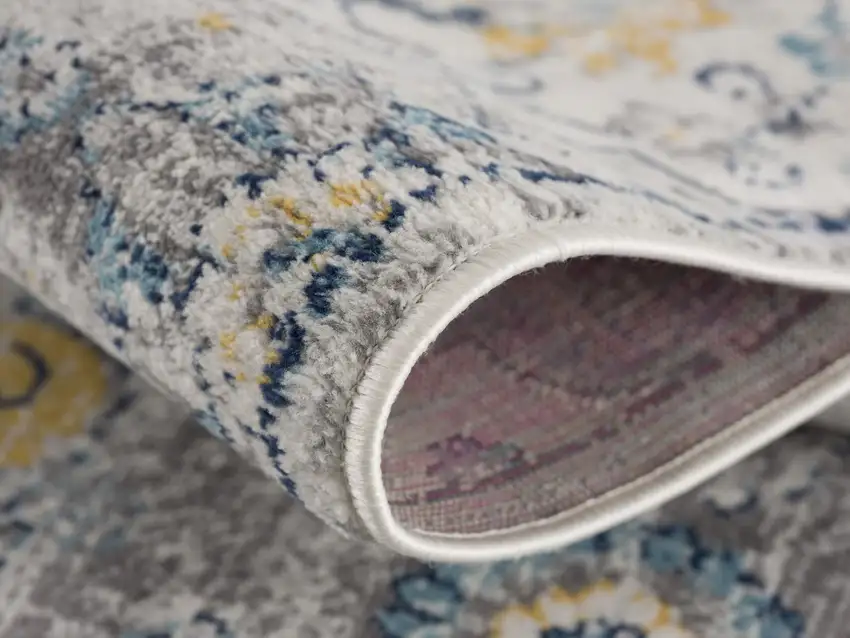 7' Blue Gray And Gold Floral Medallion Runner Rug Photo 6