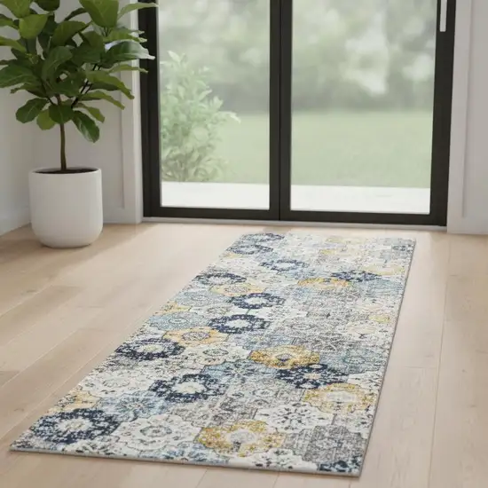 7' Blue Gray And Gold Floral Medallion Runner Rug Photo 2