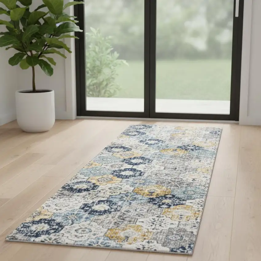 7' Blue Gray And Gold Floral Medallion Runner Rug Photo 2