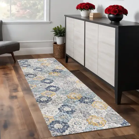 7' Blue Gray And Gold Floral Medallion Runner Rug Photo 1