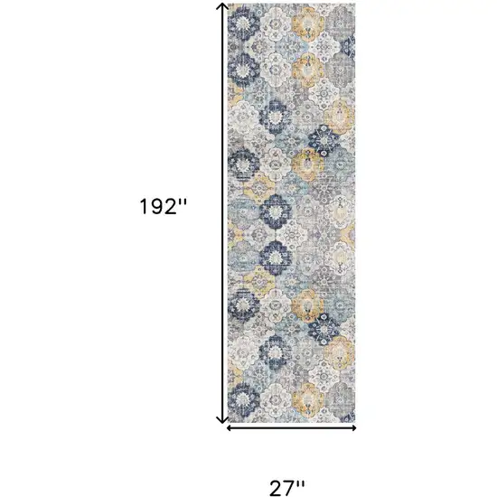 16' Blue Gray And Gold Floral Medallion Runner Rug Photo 4