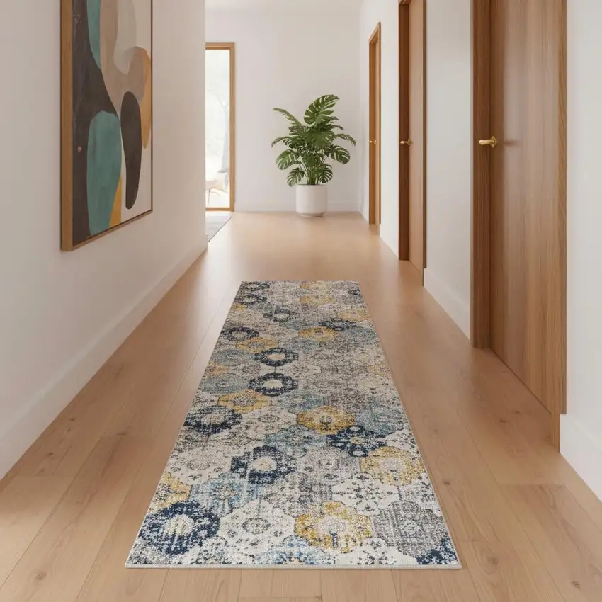 16' Blue Gray And Gold Floral Medallion Runner Rug Photo 3