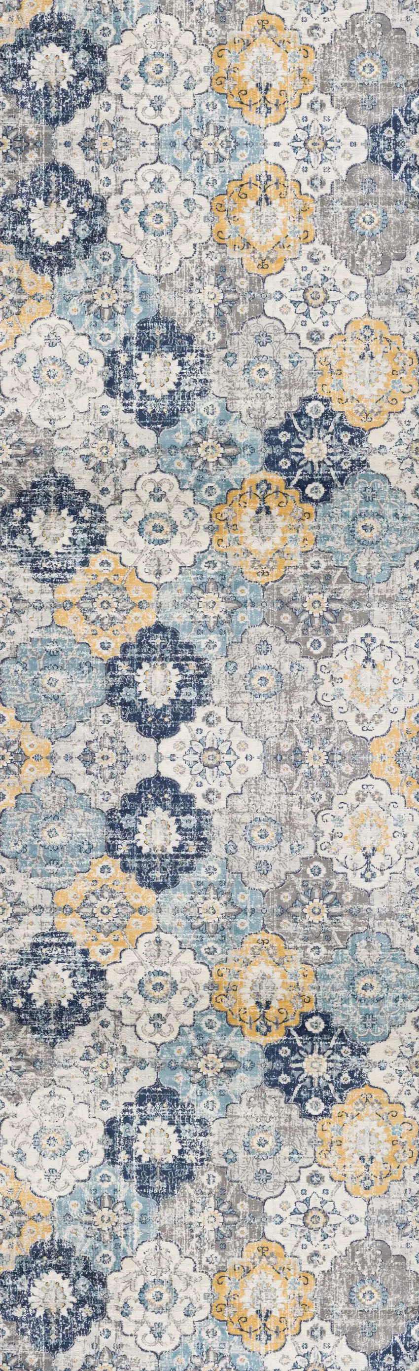 11' Blue Gray And Gold Floral Medallion Runner Rug Photo 1