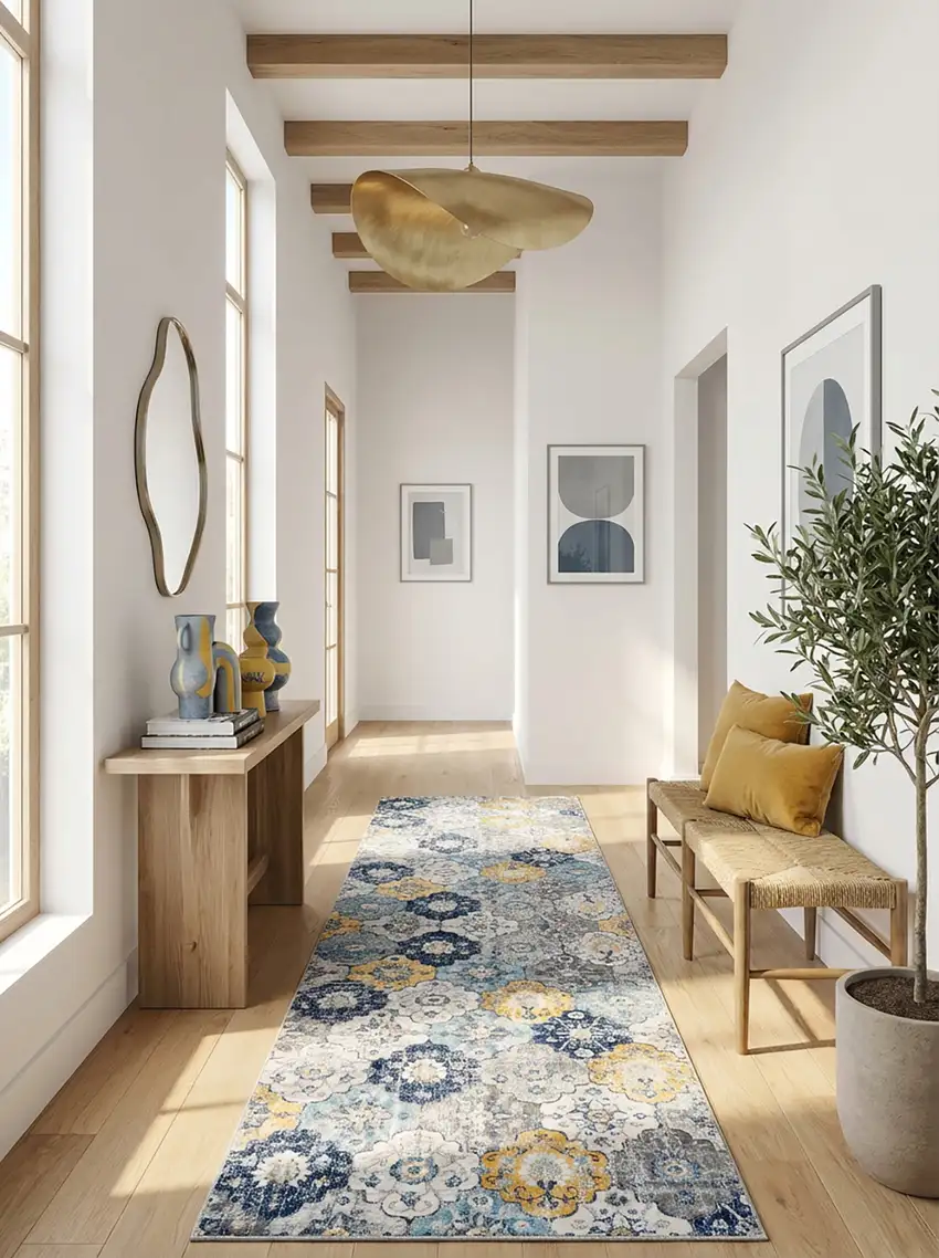 11' Blue Gray And Gold Floral Medallion Runner Rug Photo 3