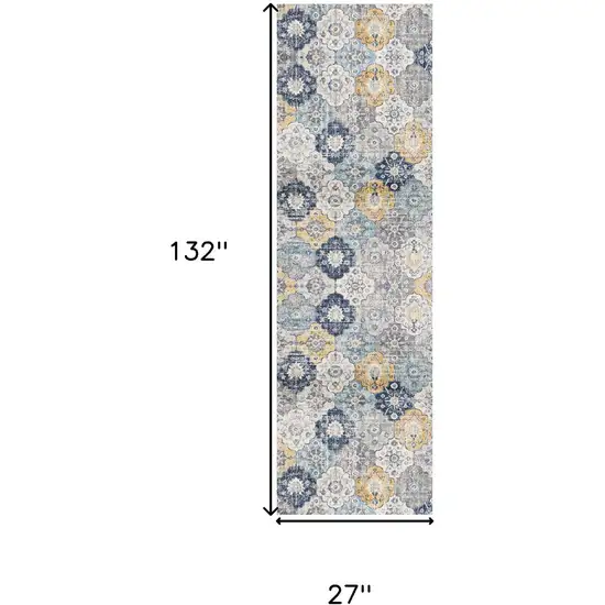 11' Blue Gray And Gold Floral Medallion Runner Rug Photo 6