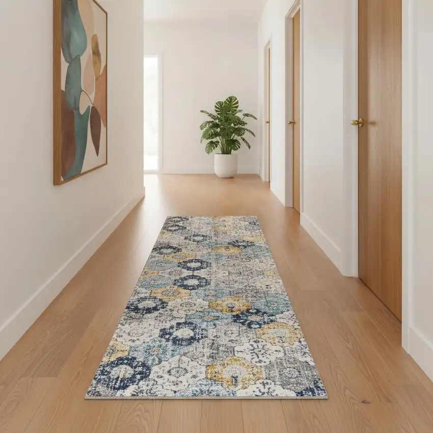 11' Blue Gray And Gold Floral Medallion Runner Rug Photo 1