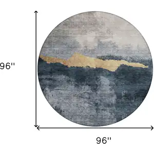 Photo of 8' Blue Gray And Gold Round Abstract Washable Indoor Outdoor Area Rug