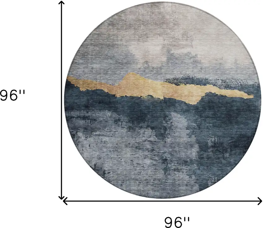 8' Blue Gray And Gold Round Abstract Washable Indoor Outdoor Area Rug Photo 9