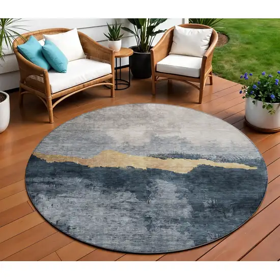 8' Blue Gray And Gold Round Abstract Washable Indoor Outdoor Area Rug Photo 1