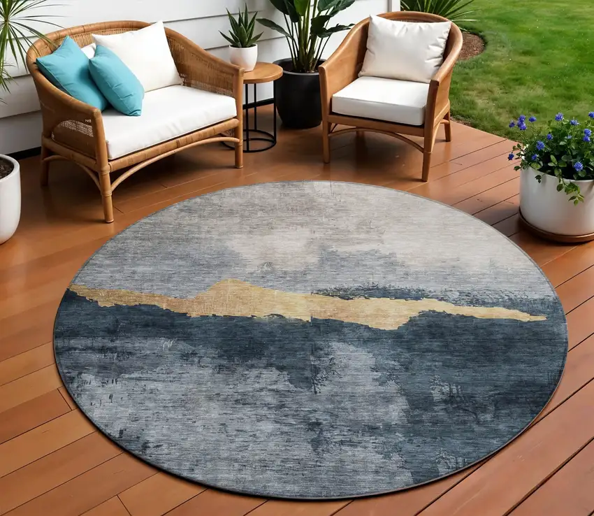 8' Blue Gray And Gold Round Abstract Washable Indoor Outdoor Area Rug Photo 1