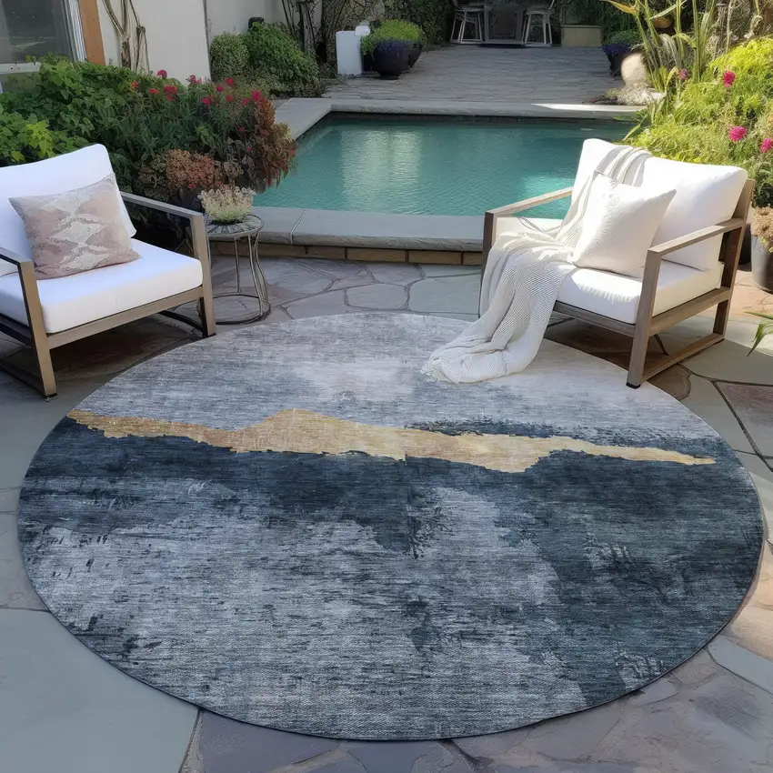 8' Blue Gray And Gold Round Abstract Washable Indoor Outdoor Area Rug Photo 7