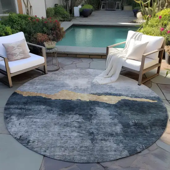 8' Blue Gray And Gold Round Abstract Washable Indoor Outdoor Area Rug Photo 7