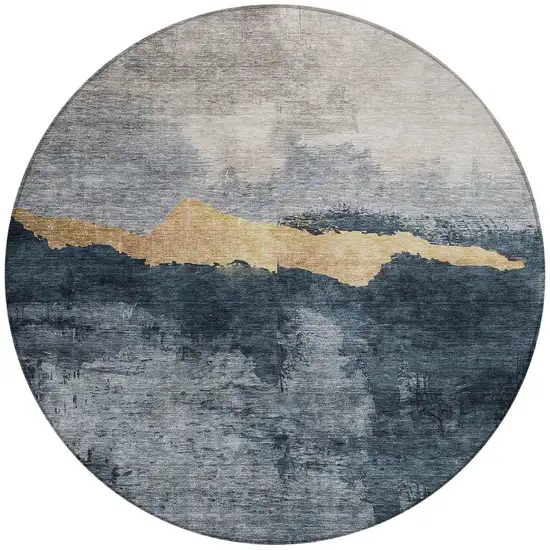 8' Blue Gray And Gold Round Abstract Washable Indoor Outdoor Area Rug Photo 6