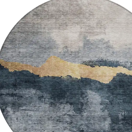 8' Blue Gray And Gold Round Abstract Washable Indoor Outdoor Area Rug Photo 5