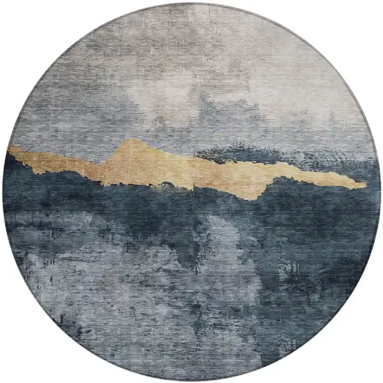 8' Blue Gray And Gold Round Abstract Washable Indoor Outdoor Area Rug Photo 2