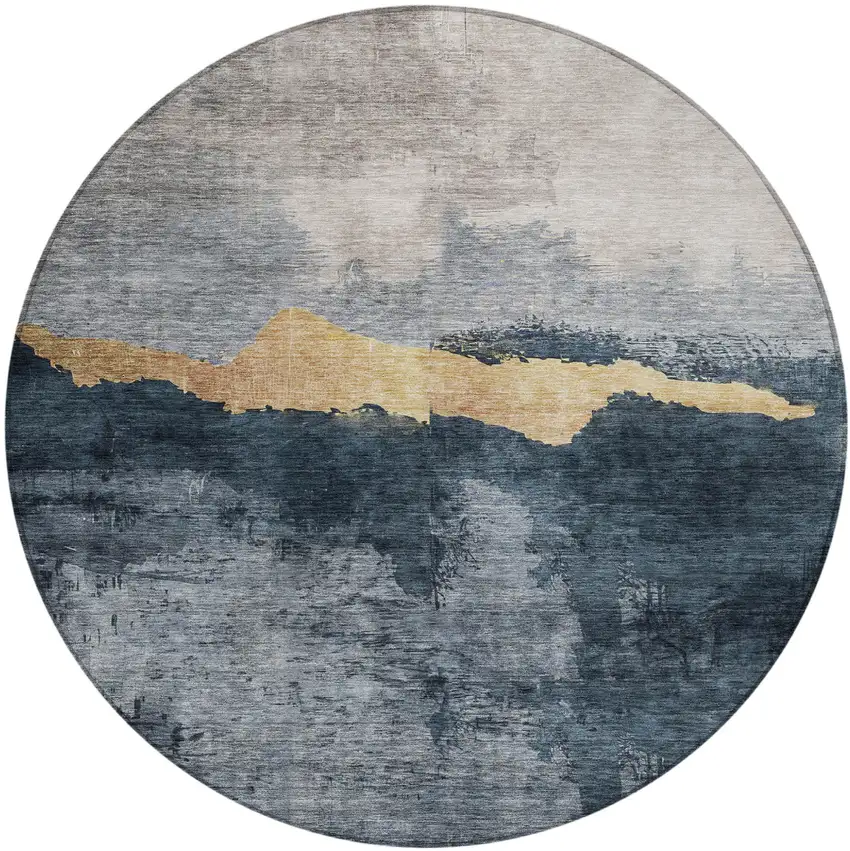 8' Blue Gray And Gold Round Abstract Washable Indoor Outdoor Area Rug Photo 2