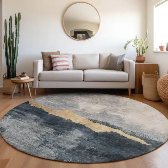 8' Blue Gray And Gold Round Abstract Washable Indoor Outdoor Area Rug Photo 8