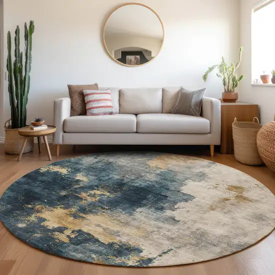 8' Blue Gray And Gold Round Abstract Washable Indoor Outdoor Area Rug Photo 8