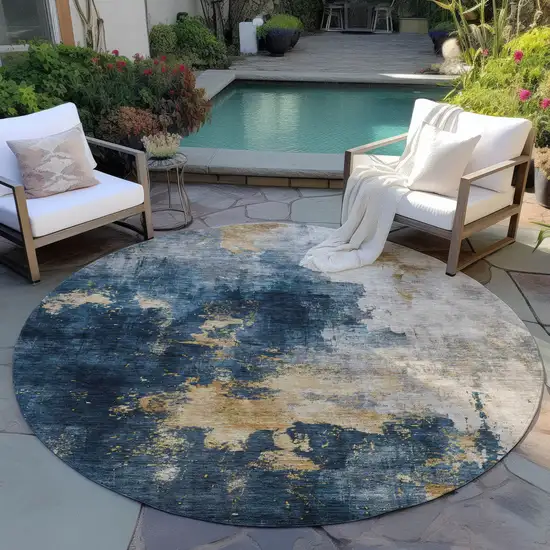 8' Blue Gray And Gold Round Abstract Washable Indoor Outdoor Area Rug Photo 7