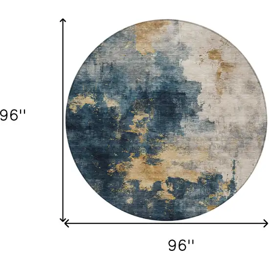 8' Blue Gray And Gold Round Abstract Washable Indoor Outdoor Area Rug Photo 9