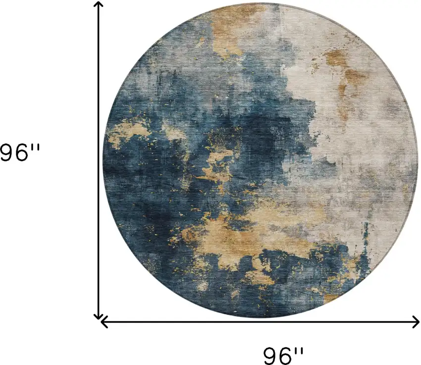 8' Blue Gray And Gold Round Abstract Washable Indoor Outdoor Area Rug Photo 9