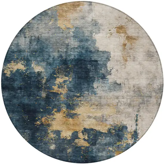8' Blue Gray And Gold Round Abstract Washable Indoor Outdoor Area Rug Photo 2