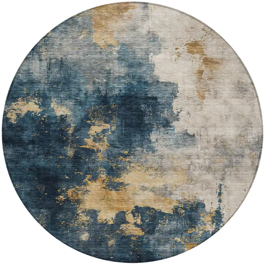 8' Blue Gray And Gold Round Abstract Washable Indoor Outdoor Area Rug Photo 2