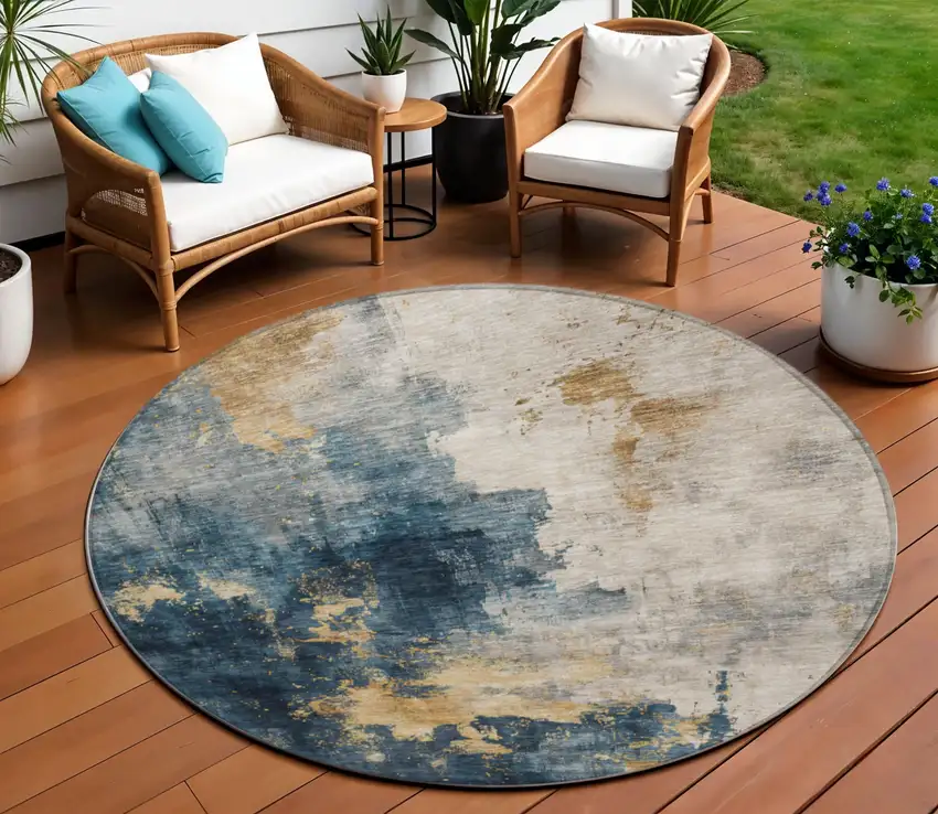 8' Blue Gray And Gold Round Abstract Washable Indoor Outdoor Area Rug Photo 1