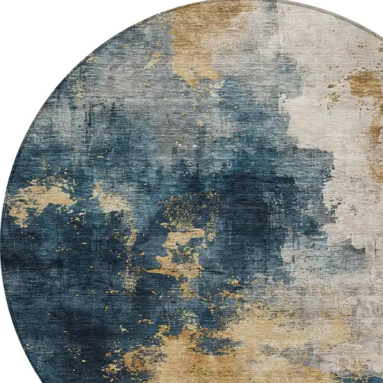 8' Blue Gray And Gold Round Abstract Washable Indoor Outdoor Area Rug Photo 5