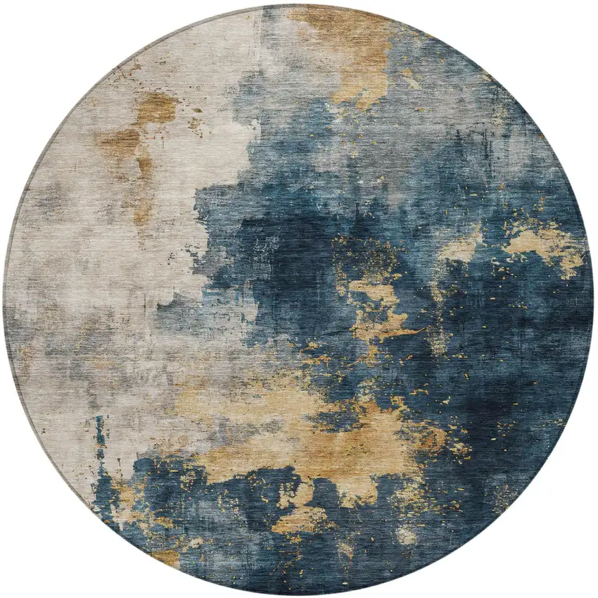 8' Blue Gray And Gold Round Abstract Washable Indoor Outdoor Area Rug Photo 6