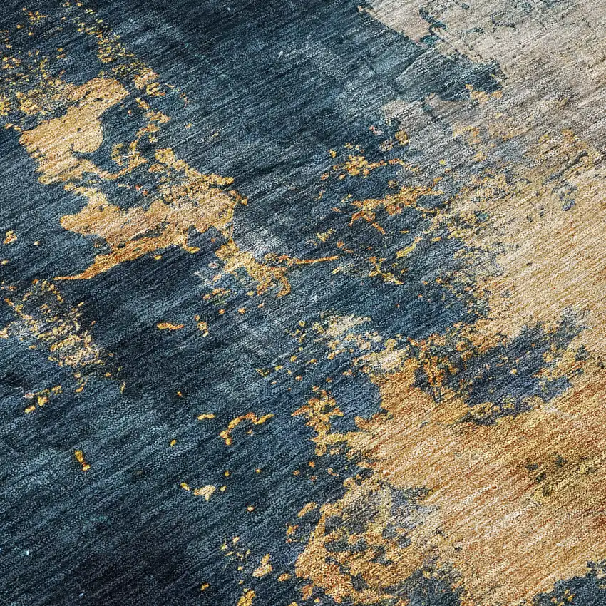 8' Blue Gray And Gold Round Abstract Washable Indoor Outdoor Area Rug Photo 8