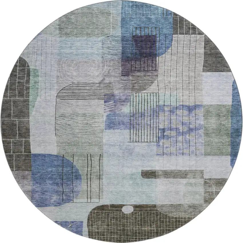 8' Blue Gray And Green Abstract Geometric Washable Round Rug With UV Protection Photo 1