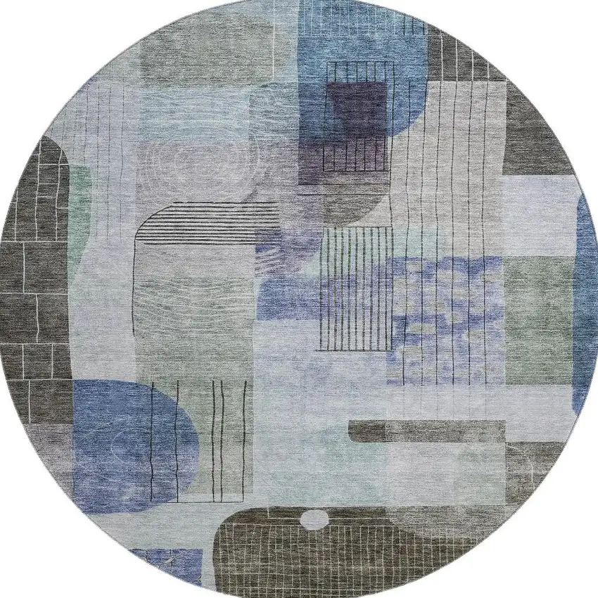8' Blue Gray And Green Abstract Geometric Washable Round Rug With UV Protection Photo 2