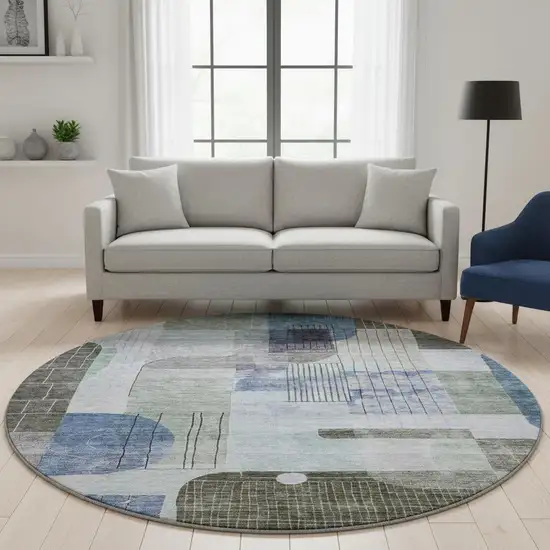 8' Blue Gray And Green Abstract Geometric Washable Round Rug With UV Protection Photo 2